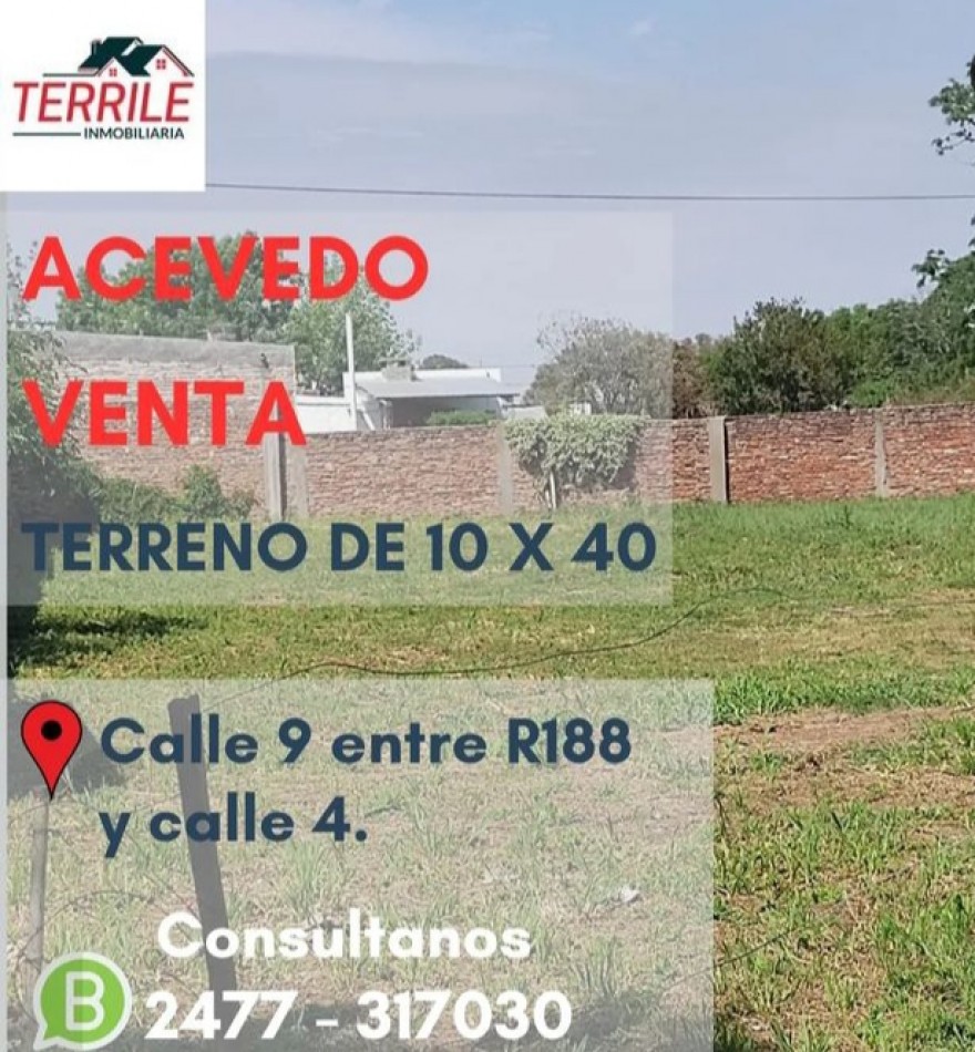 Acevedo Terreno en venta - calle 9 entre Ruta 188 y calle 4 