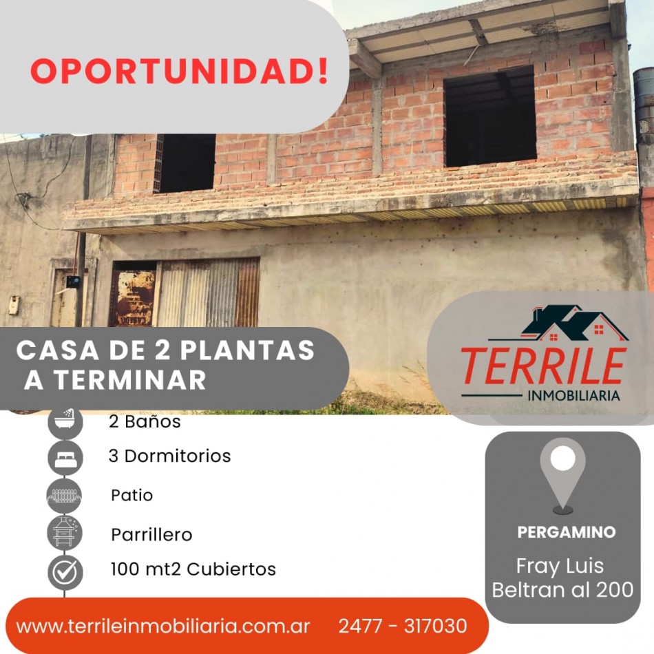 Pergamino Oportunidad Casa de 2 Plantas a Terminar en venta - Fray Luis Beltran al 200 